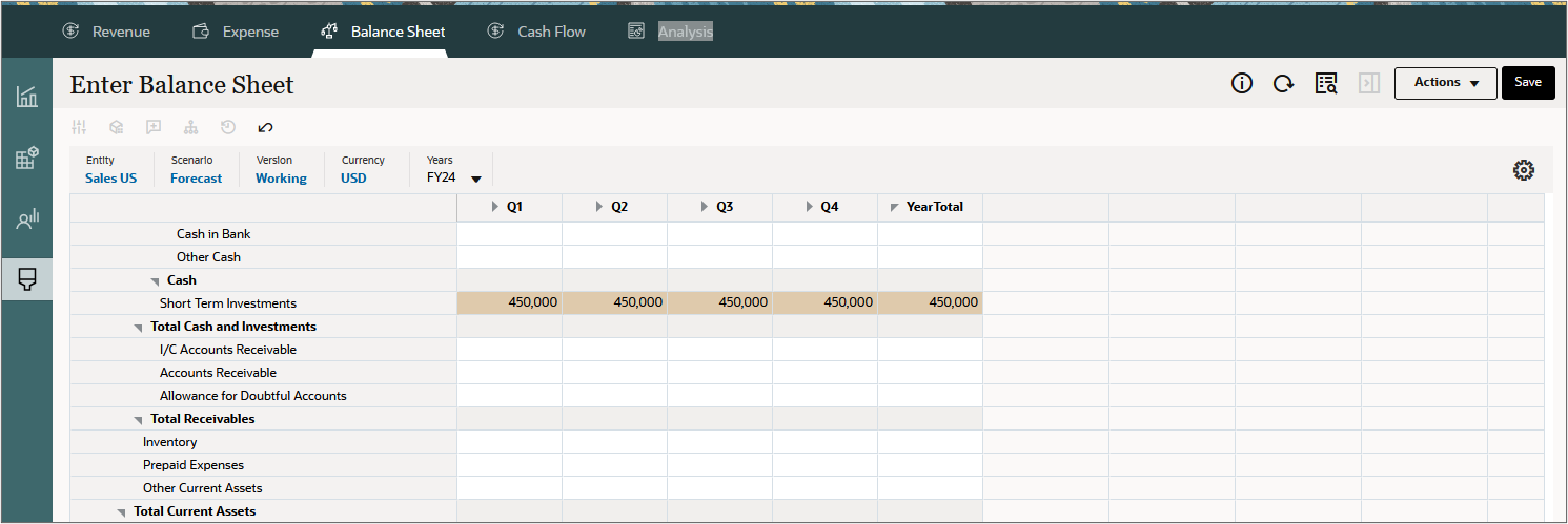 Direct Entry balance sheet data entry for Short Term Investments